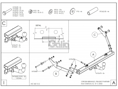 Фаркоп оцинкованный Galia шар BMA съёмный для Citroen Berlingo/Peugeot Partner 1996-2008